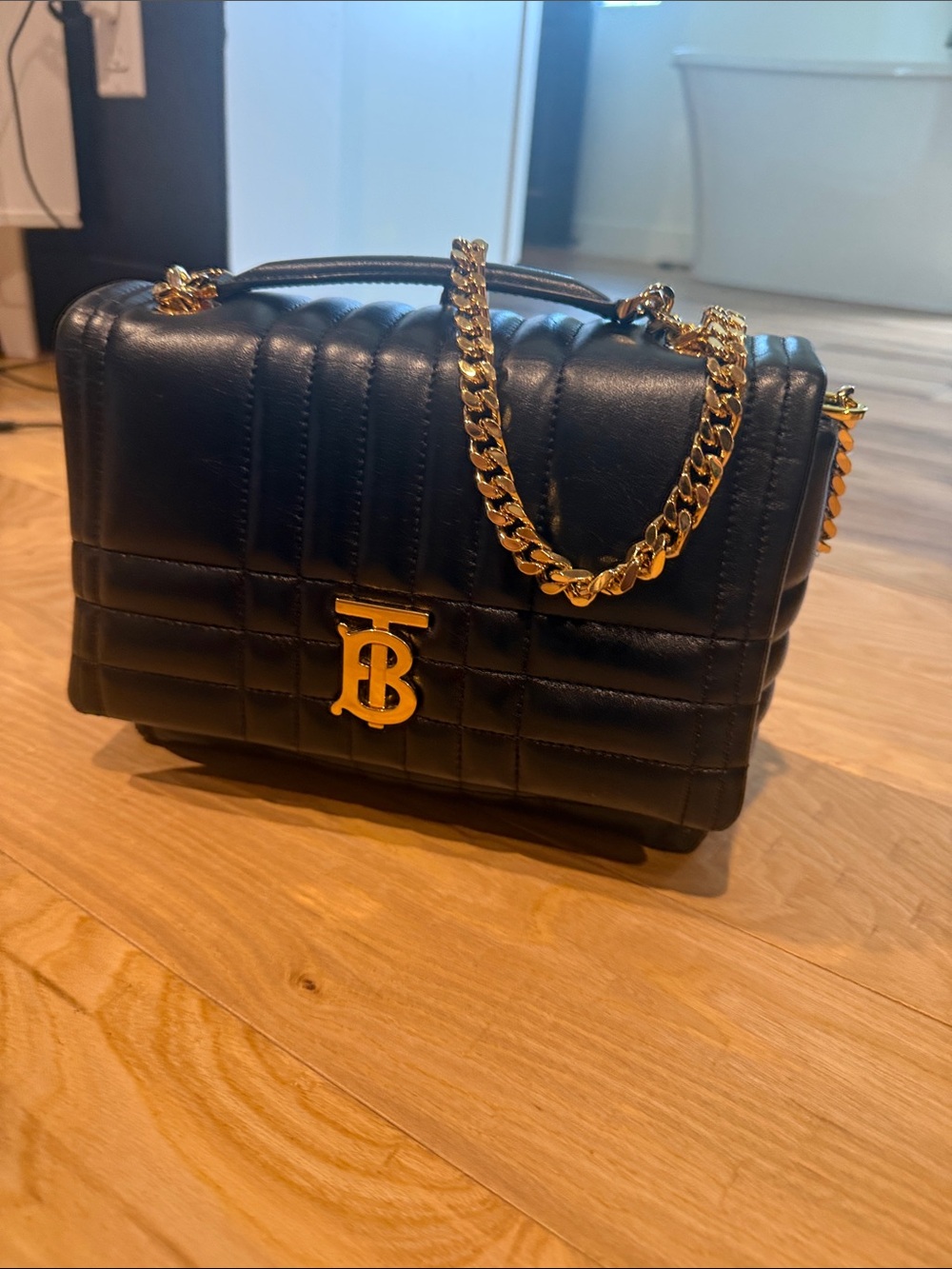 Burberry Black Quilted Leather Shoulder Bag with Gold Chain and TB Logo - Picture 3 of 15